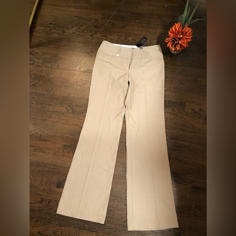 Express Editor Pants Tan Pinstripe, Flare Leg, Low Rise Straight Through Hip